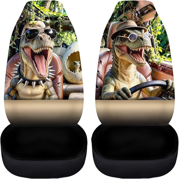Dinosaur Car Seat Covers Front Seats Nonslip Auto Interior Accessories 2 Pcs Set Cool Stretch Polyester Fabric Cover Automobile Front Seat Covers for Cars SUV Sedans