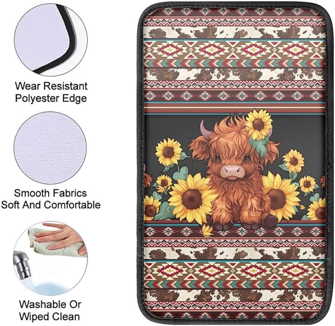 UNICEU Western Highland Cow Car Center Console Armrest Cover Pad Sunflower Armrest Cushion Universal Fit Most Vehicle,SUV,Truck,Car Seat Box Lid Cover Interior Decoration Accessories