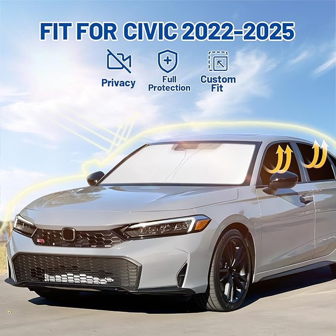 Car Window Shades for Honda Civic 2022-2025 Accessories(NOT for Hatchback) - Full Set 8PCS Side Window Sunshades with Memory Frame & Blackout Fabric, Privacy UV Shield for Camping/Travel