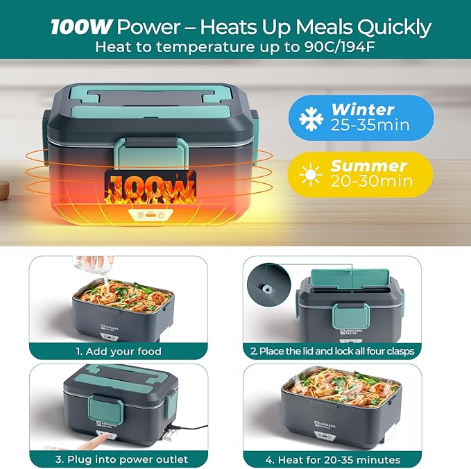 Annie & Mia Design Electric Lunch Box for Adults, 100w 3.5L 2-Layer Portable Food Warmer, Dual Mode 2.5L + 1L Heated Lunch Box for Adults, Home/Car/Office/Truck Use, Lonchera Eléctrica Portátil