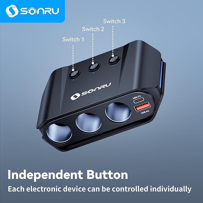 7 in 1 Cigarette Lighter Splitter,SONRU 180W (Max 192W) Cigarette Lighter Adapter with Dual PD 36W/QC3.0 Charge,24V/12V Car Charger Adapter(3.7FT Cable),Independent Switches & LED Voltage Display
