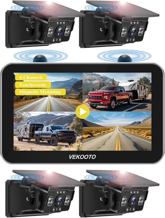 VEKOOTO VK7Pro 4 Magnetic Solar Wireless Backup Camera with 7'' Touchscreen Monitor, 15,800mAh Rechargeable, No Wiring, HD1080P Night Vision Wireless Backup Camera for Trucks, RV, Trailer, Camper