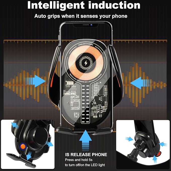 15W Car Phone Holder Wireless Charger - Auto Sensing Clamping 3-Axis Adjustable 360° Rotation Fast Charging Phone Holders for Your Car Vent Clip Slim Design with Unisex for iPhone Android Samsung