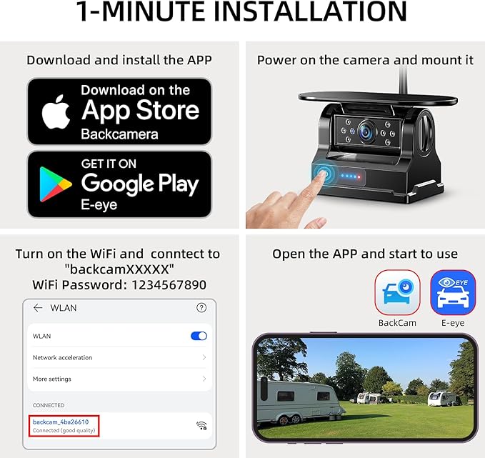 eRapta Wireless Backup Camera, WiFi Magnetic Solar Rear/Front View Camera with BSD, Li-ion Battery, Night Vision for Hitching Gooseneck Horse Boat Travel Trailer/Fifth Wheels/RV/Camper for iPhone