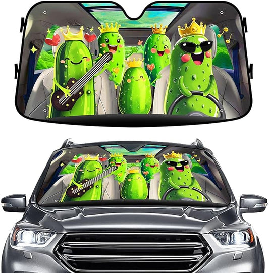 GENANY Pickle Family Windshield Sun Shade for Car SUV Truck (55x30 Inches), Funny Sun Shade Windshield, Shades for Windows, Protector Blocks UV, Car Decor