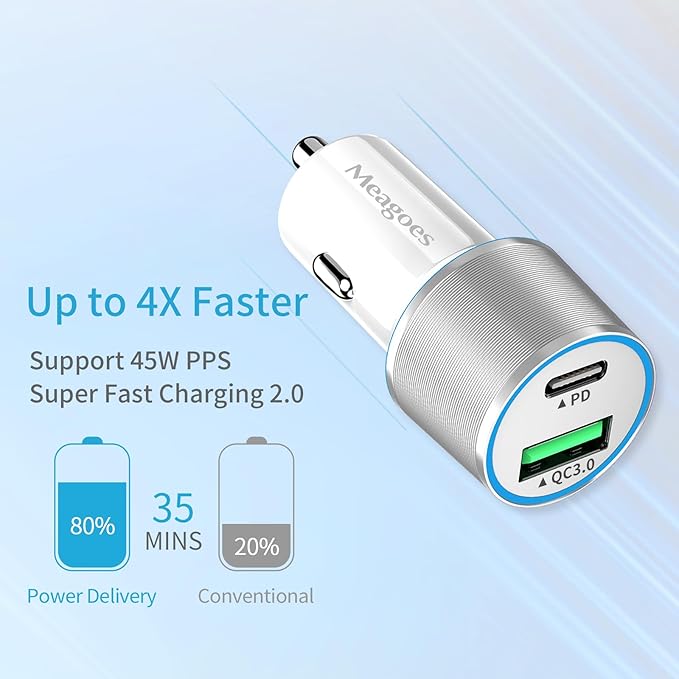 67.5W White Car Charger USB C Super Fast Charging, 45W USBC&QC3.0 Port Plug for iPhone 17 Pro Max/Air/16/15/iPad, Samsung S26 Android Cell Phone, Dual 12V Cigarette Lighter Adapter+3 ft Type C Cable