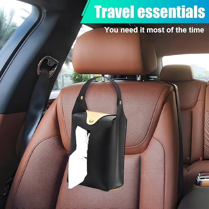 Car Tissue Holder, Large Car Headrest Hanging Tissue Box Cover, PU Leather Auto Napkin Holder, Universal Vehicle Backseat Paper Organizer for Cars Sun Visor (Black)
