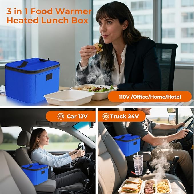 Portable Electric Lunch Box Food Heater,12V/24V/110V Food Warmer Lunch Box, Mini Portable Oven Car Food Warmer, Heated Lunch Bag for Adults Office Travel Work Truck Meal Reheating, Blue