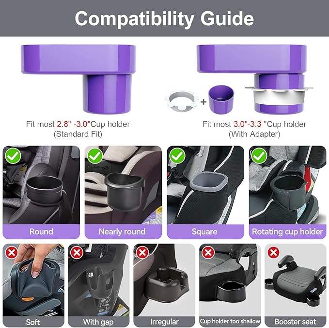 Car Seat Snack Tray for Toddlers - 3 Inch Cup Holder Fits Most Sippy Cups & Straw Bottles with Dip Well, Mess-Free Square Kids Travel Tray Road Trip Essentials, Purple
