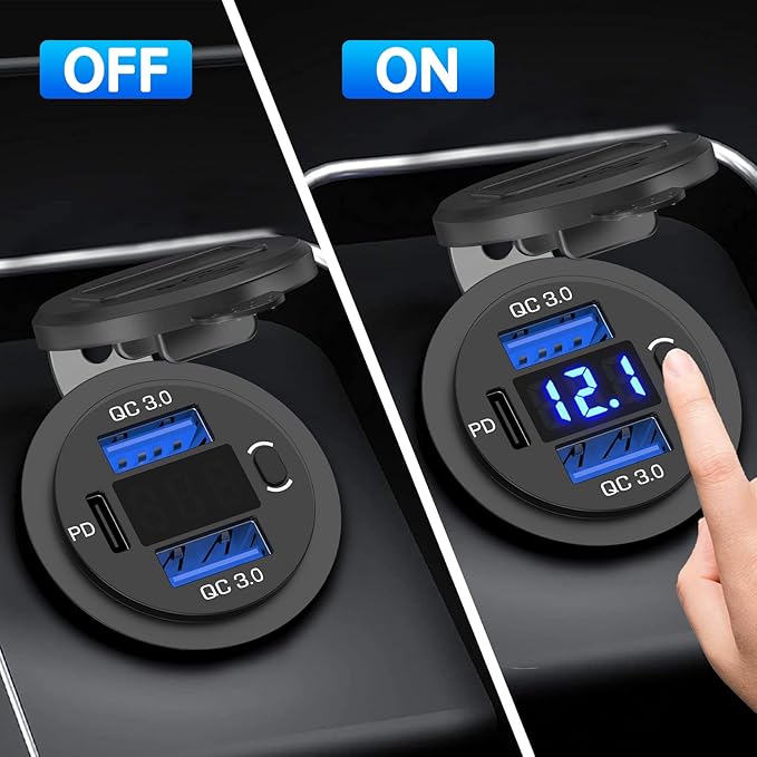 Qidoe 12V USB Outlet Dual 18W Quick Charge 3.0 Port & 30W PD 12V USB C Car Charger Socket with Voltmeter and Power Switch, Waterproof Multiple Car USB Port Adapter for Car Boat Marine Truck Golf RV