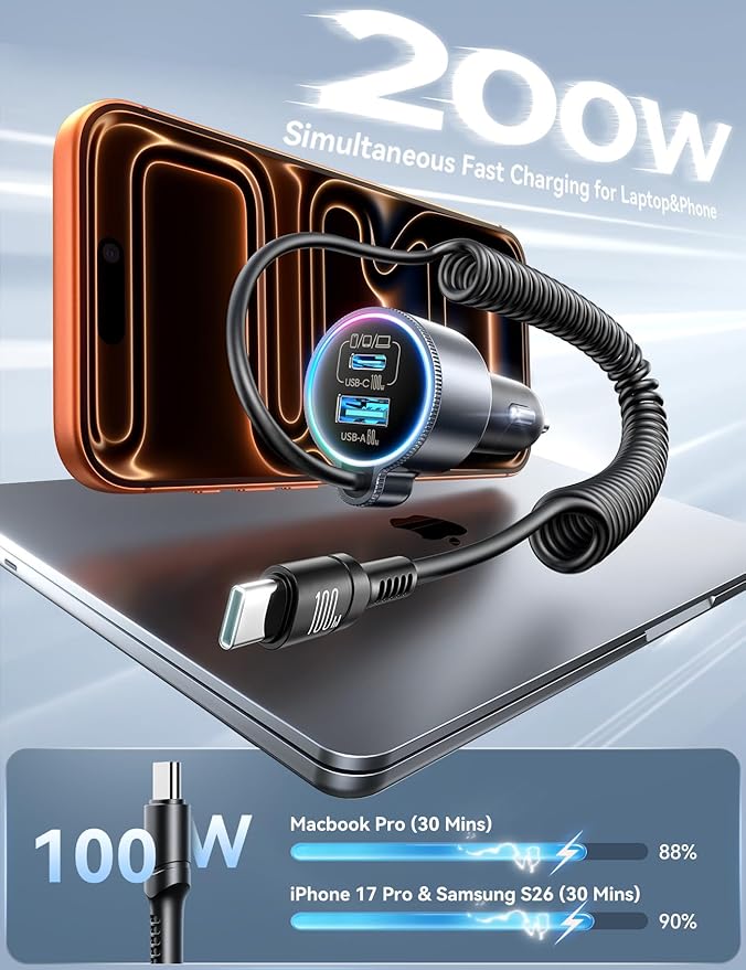 200W Car Charger USB C, PD100W Fast Charge w/100W Type C Fast Charging 5FT Coiled Cable, PD3.0/QC4.0/PPS Cigarette Lighter Phone Adapter for iPhone 17/16 ProMax, MacBook Pro/Air, Samsung S26/S25, iPad