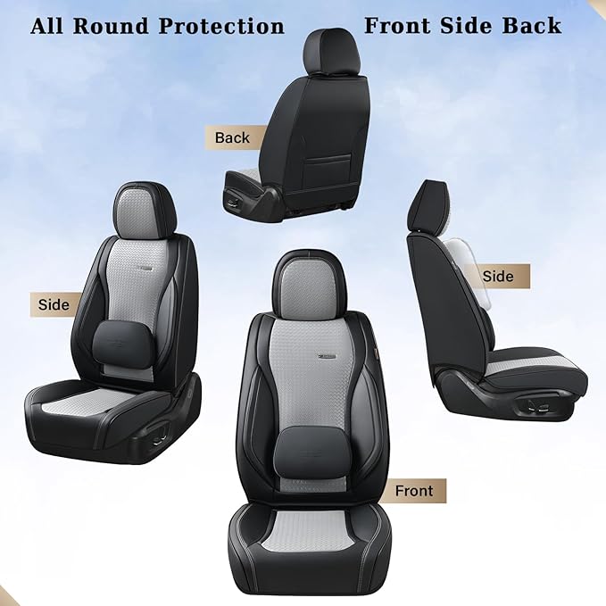 Coverado Seat Covers, Car Seat Covers Front Seats, Waterproof Nappa Leather Auto Seat Cover with Lumbar Head Pillow, Black Gray Seat Covers Carseat Cover Universal Fit for Most Cars