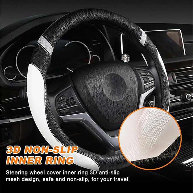 Car Steering Wheel Cover, Non-Slip Leather Auto Steering Wheel Protector, Comfortable Steering Wheel Cover Protector for Most Cars, Universal Interior Car Accessories (White)