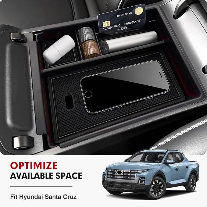 Autorder Center Console Organizer for 2022-2026 Hyundai Santa Cruz Accessories Car Armrest Storage Box Middle Console Tray Container with Black & Red Non-Slip Silicone Mats