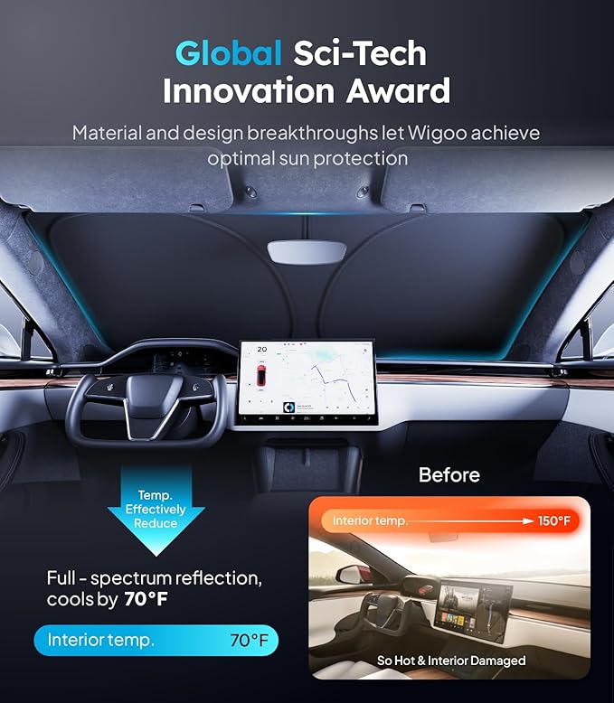 2026 Upgraded Accessories Tesla Model S Windshield Sunshade [Ice Shield Tech Fabric, 100% Sun Blockage], Foldable Heat Insulation Sunshade with Storage Bag, for Tesla Model S 2016~2026, Silver Coating