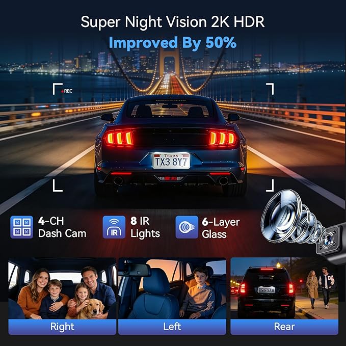 AZDOME 4 Channel Dash Cam 360°View,2K Dash Camera for Cars,Front and Rear Left Right Wireless Car Camera,Find My & APP Control,Built-in GPS 5.8G WiFi,Night Vision,24H Parking Mode,Free 64GB Card
