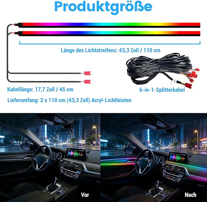 HMYC Dream color Acrylic Interior Car Lights, 2 Pieces 110cm/43.3inch 128 Colorful Car LED Strip Light RGB Fiber Optic Rainbow Ambient Lighting bar, Universal Decoration Dynamic Atmosphere Neon Lights