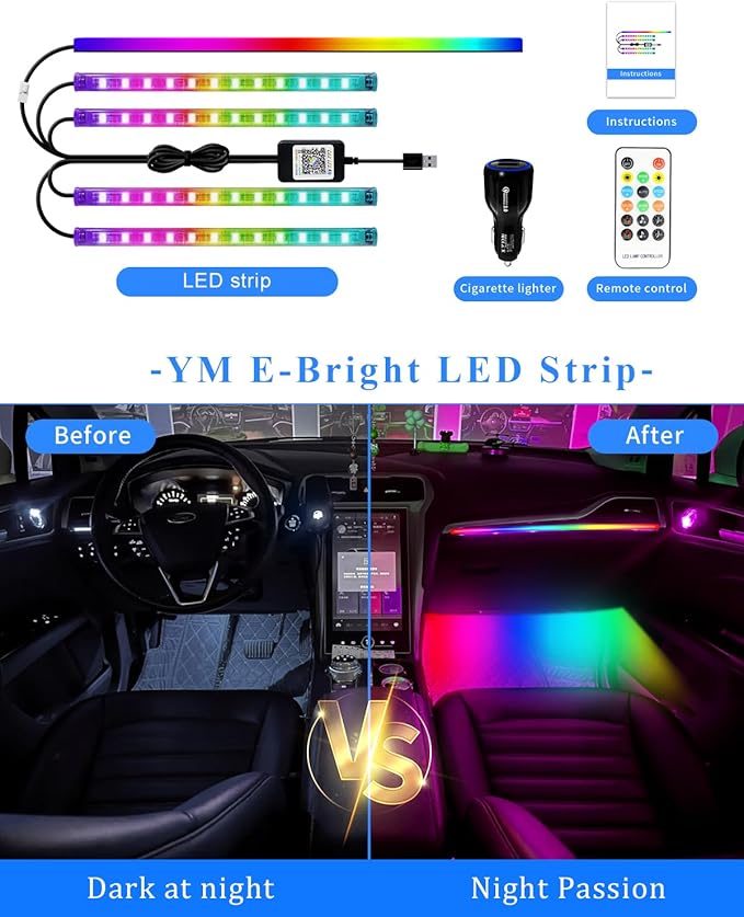 YM E-Bright 5 in 1 Car Interior Led Light Kit，Dreamcolor Acrylic Neon Interior Car LED Strip Lights，Dash Footwell Multicolor with Music Sync Mode and DIY Mode