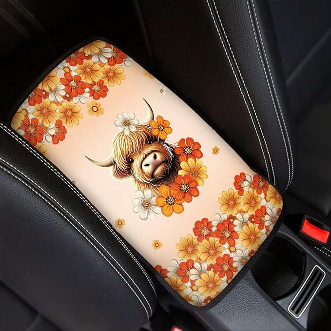 UNICEU Flowers Highland Cow Armrest Cover Pad, Universal Fit Car Center Console Cushion Pad, Anti Dirty Scratch Proof Car Seat Box Cover for Most Vehicle Truck Cars