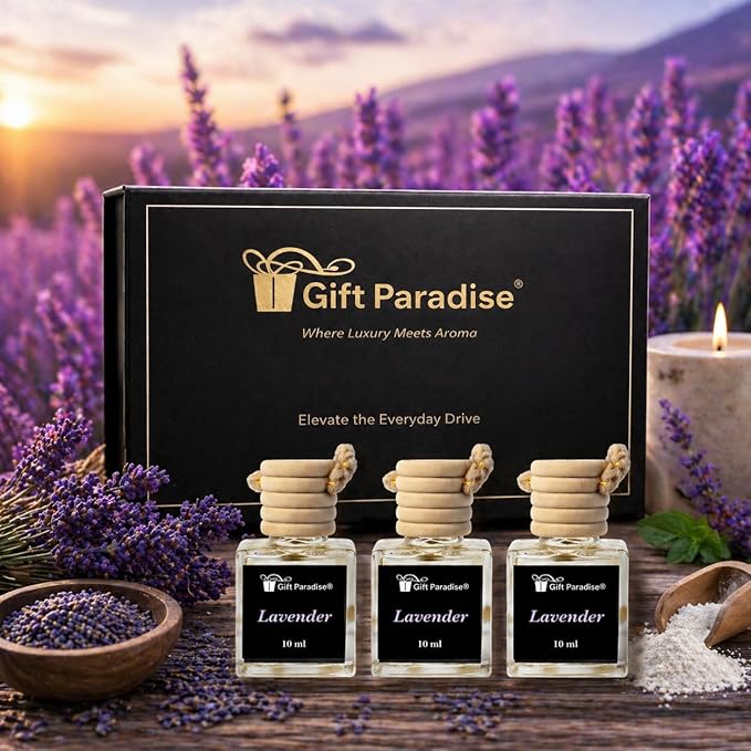 Gift Paradise® Lavender Car Air Freshener Set of 3 – 10 ml Hanging Diffusers, Calming Floral Scent, Long Lasting Aromatherapy Fragrance for Car, Home & Office – Magnetic Gift Box
