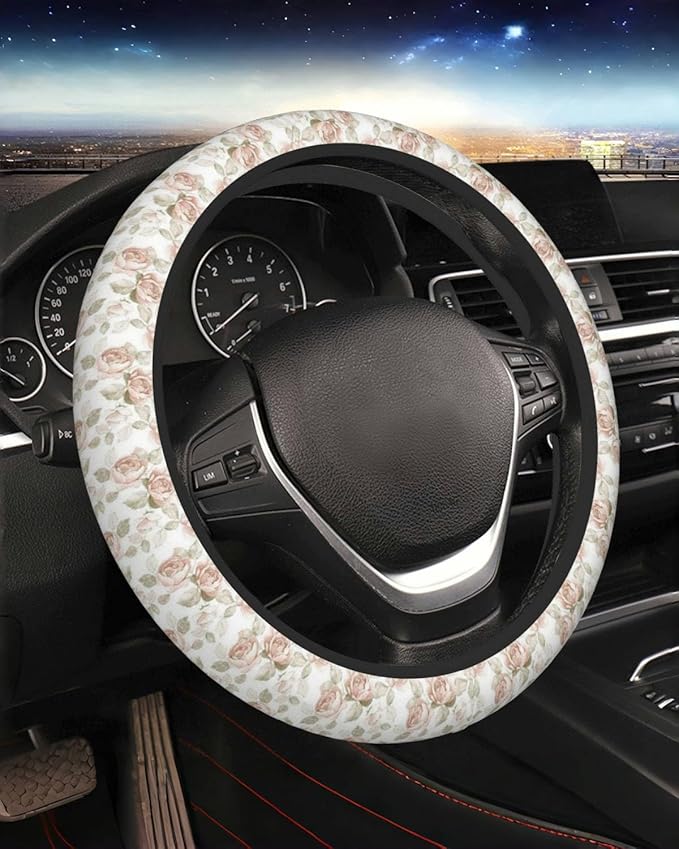 Steering Wheel Cover Accessories Neoprene Cover, Breathable Non-Slip Easy to Install Suitable for Women Men, 14.5-15.5 Inch for Car SUV Van Truck Universal - Pink Rose