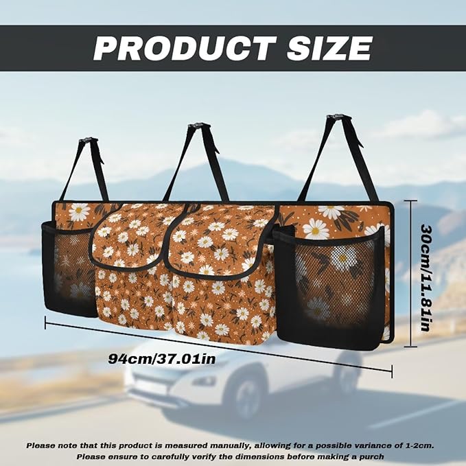 Orange Daisy Print Car Trunk Organizer Bag, Foldable Car Back Seat Storage Bag with 4 Pockets Car Interior Accessories for SUV MPV Sedans Pickup Jeep Trucks