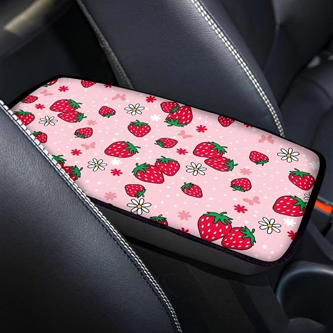 Strawberry Car Center Console Cover for Women Soft Comfy Car Arm Rest Cover Pad Universal Non-Slip Armrest Covers for Truck Van SUV