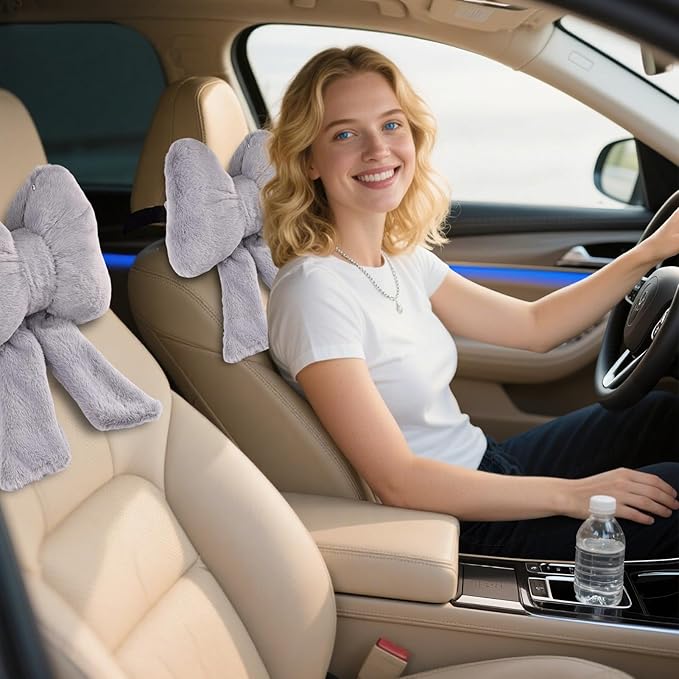 Bow Car Headrest Pillows Plush Car Neck Pillows for Travel Driving Office Chair Head Support Cushions, Also Cute Car Decor Accessories (2PCS Grey)