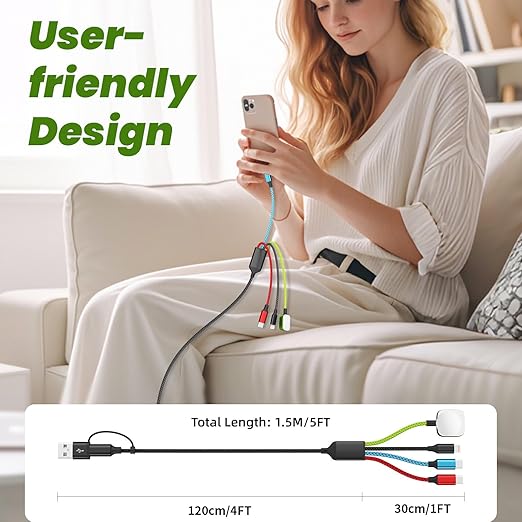 Travel Essentials Watch Charger, Dual Type-C 4 in 2 Multi Charging Cable, USB A/C Travel Charger for Multiple Devices for iWatch Ultra/SE/11-2, iPhone 17-11, Galaxy S25-21, iPad (1PACK 5FT)