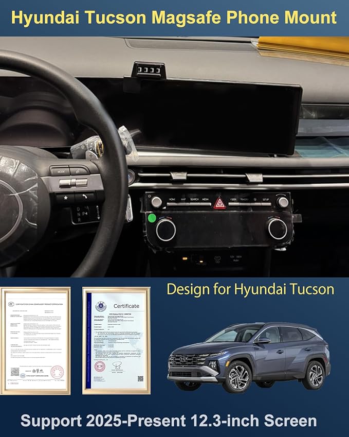 Designed for MagSafe Car Mount 12.3-inch Screen for Hyundai Tucson Phone Holder 2026 Tucson Hybrid Phone Mount 2025 15W Fast Wireless Charging Support 2025-present