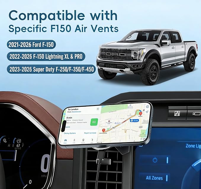 Car Vent Wireless Charger Magnetic Phone Mount Compatible with 2021-2026 Ford F-150, 2023-2026 Super Duty F250/F350/F450, Metal Phone Holder Cradles Bracket Stand for All Smartphones (No Socket Arm)