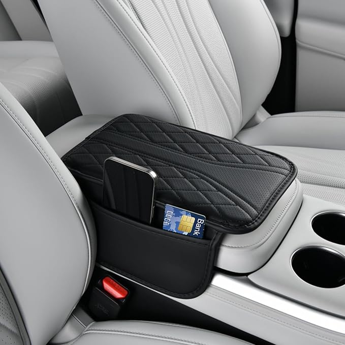 Car Center Console Cover with Storage Bags, Leather Armrest Pad Protector for SUV, Sedan, Truck Interior Accessories (Black)