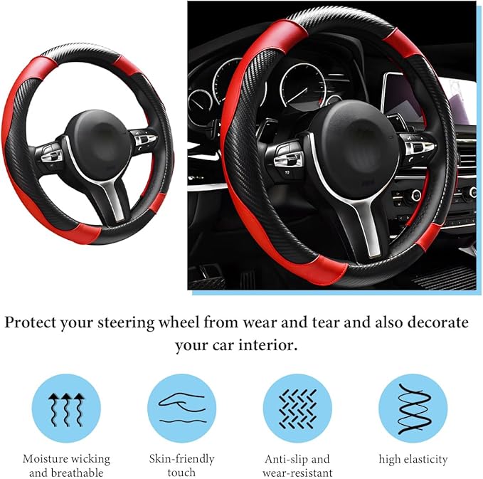Car Steering Wheel Cover, 15 Inch Anti-Slip Stretch Leather Steering Wheel Protector, Comfortable Breathable Sporty Steering Wheel Cover for Women Men, Car Accessories (Black & Red)