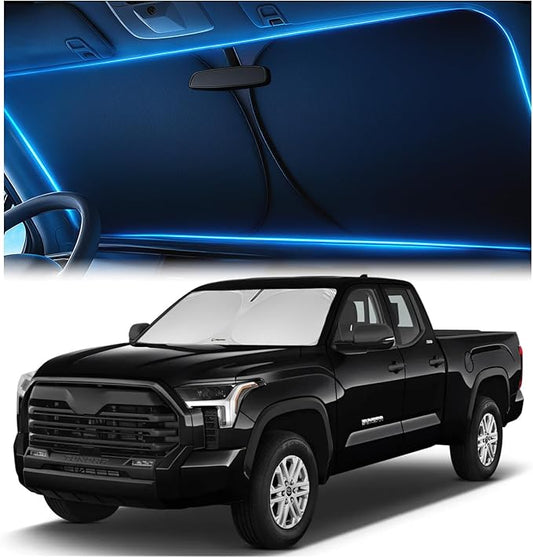 Windshield Sunshade for Toyota Tundra 2022 2023 2024 2025 2026 - Innovative No-Light-Pass Technology, Mirror Cut-Out, Blocks 99% UV Rays, Fade-Resistant, Easy-Fold Tundra Windshield Sun Shade