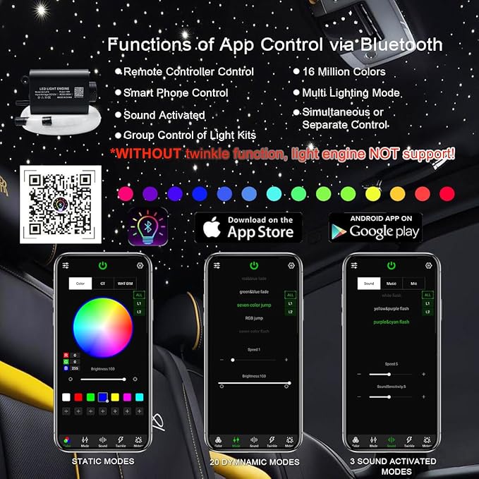 AKEPO 16W Starlights Headliner Kit Mixed Sizes 335pcs (0.03+0.04+0.06in) 13.1ft/4m, APP+Music Activated Effect Fiber Optic Star Lights Kit with Remote Controller for Car Home