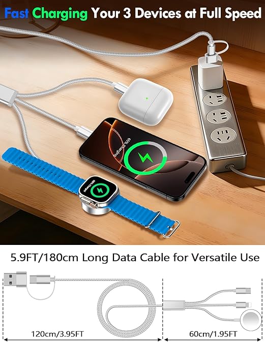 Travel Essentials for Apple Watch Charger,iPhone Charger,3 in 2 Type C/L/Magnetic Fast Charging Cable,Multi Charging Cable Portable Designed for iWatch Series,iPhone 17-11,Galaxy S26-S21,Car-6FT