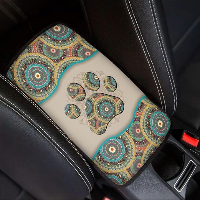 Coldinair Boho Aztec Car Armrest Cover,Dog Paw Car Center Console Pad,Soft Seat Box Cover Protector Cushion,Car Accessories Decor for Most Cars,Sedan,Truck,SUV