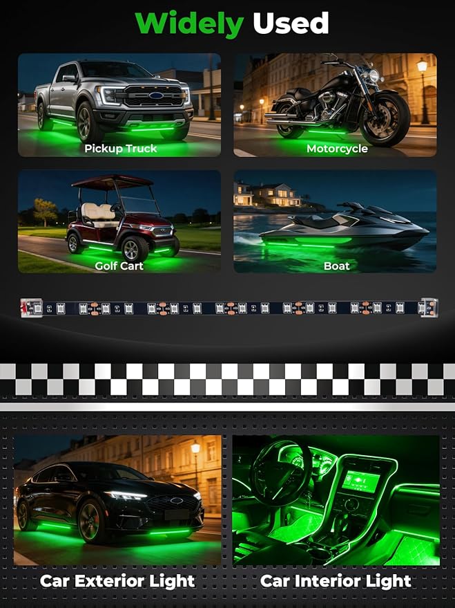 LED Strip Lights 12V Cuttable IP68 Waterproof 12 Inch Interior Exterior Underbody Light for Car SUV Truck Motorcycle Boat Golf Cart 18 SMD 5050 Green 4 Pack