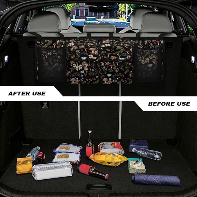 Mushroom Trunk Organizer Car Accessories for Women Space-Saving Car Organizers Storage Bag with 4 Pockets, Back Seat Car Organizer Adjustable Car Back Seat Organizer