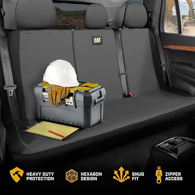 CAT PU Leather Rear Bench Seat Cover – Gray, 60/40 Split Fit for Cars, Trucks, SUVs – Waterproof, Scratch-Resistant, Semi-Universal Fit Rear Seat Protector for Most Auto Interior – Easy Install