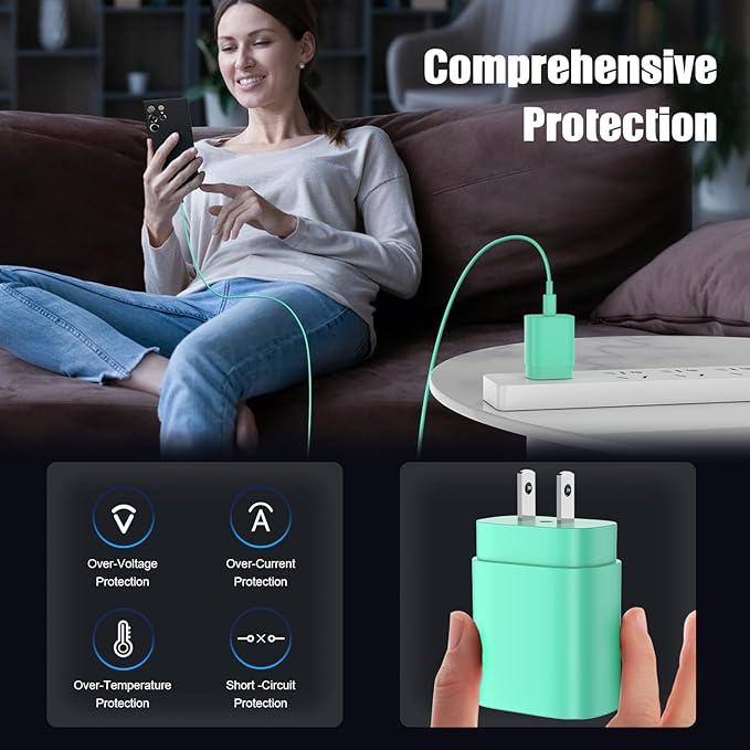 Essri Type C Charger Fast Charging for Samsung Galaxy S25/S24/S23/S22/Note 20,4Pack 25W Super USB C Fast Charger Block with (6ft+10ft) x2 Cables for iPhone 15/16 Pro Max/Plus, Android Phones - Green