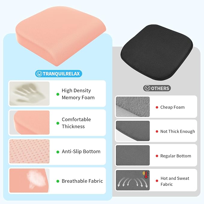 Large Seat Cushion, Memory Foam Cushion for Long Sitting Hours on Office Chair, Home & Car, Non-Slip Chair Pad for Relieving Back & Sciatica & Hip & Coccyx Pain (Pink)