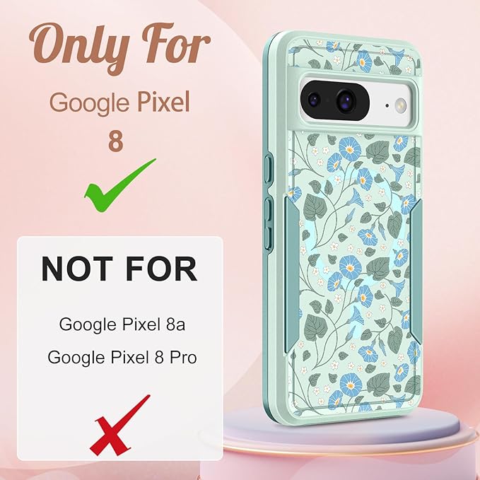 for Google Pixel 8 Case 6.2 Inch - Compatible with MagSafe Women Girls Cute Magnetic Protective Cover Unique Girly Blue Flowers Heavy Duty Shockproof Design for Google Pixel 8 Phone Cases