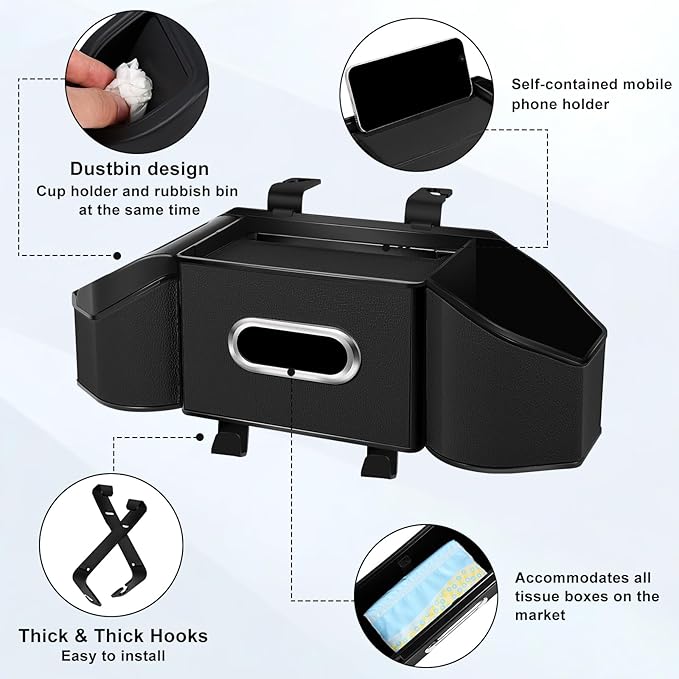 7-In-1 Car Seat Back Organizer with Cup Holders, Tissue Box, Garbage Can&Hooks, Multifunctional Headrest Storage Organizer, Headrest Cup Holder for Backseat, Car Accessories for Trips, Travels(Black)