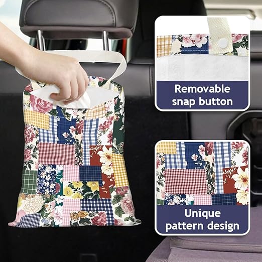 Floral Patch Print Car Trash Bag Hanging Garbage Bag with Snap Buttons Car-Back Seat Trash Storage Portable Dustbin for Men Women Car Interior Accessories Travel Camping