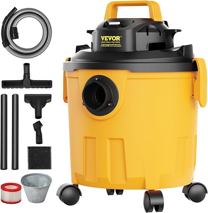 VEVOR 5 Gallon 6.0 Peak HP Wet and Dry Shop Vac， Portable Shop Vacuum and Blower 3-in-1 with Filter, Hose and Attachments for Home and Car Cleaning Black/Yellow