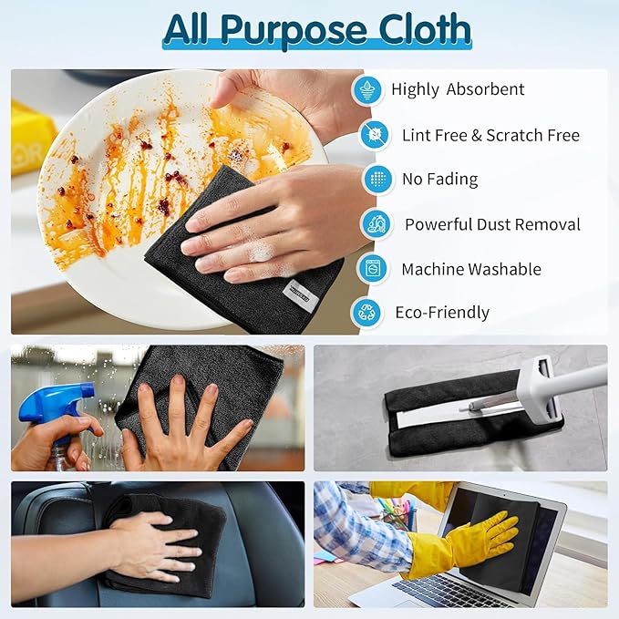 FIXSMITH Black Microfiber Cleaning Cloth -Pack of 12, Highly Absorbent Cleaning Rags, 16"X12" All Purpose Cleaning Towels for Housekeeping, Kitchen, Car, Lint Free and Reusable Microfiber Towels