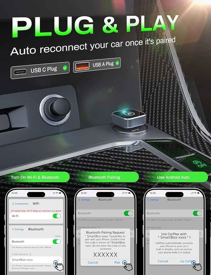 2-in-1 Wireless CarPlay Adapter 2026 Support Apple CarPlay & Android Auto, Mini Bluetooth USB A & USB C Dongle Convert Wired to Wireless Compatible with iPhone & Android