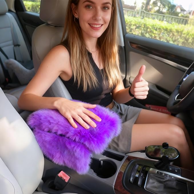 Fluffy Car Armrest Cover with Side Pockets – Plush Fuzzy Fur Center Console Armrest Cushion Pad, Universal Winter Car Interior Protector, Soft Arm Rest Cover with Storage for Women & Men (PURPLE)