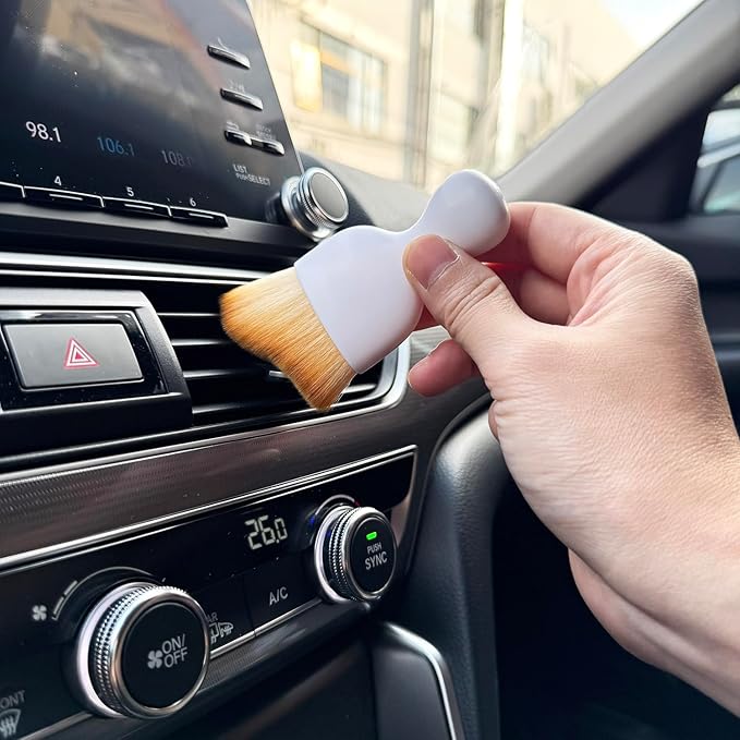 Car Detailing Brush, Soft Bristle Cleaning Brush, Scratch-Free Auto Duster Tool for Dashboard, Air Vents, Leather & Interior Cleaning (White&Brown with Cap)